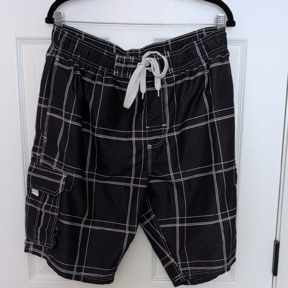 Kanu Surf Black and White Plaid Men's Swim Board Shorts